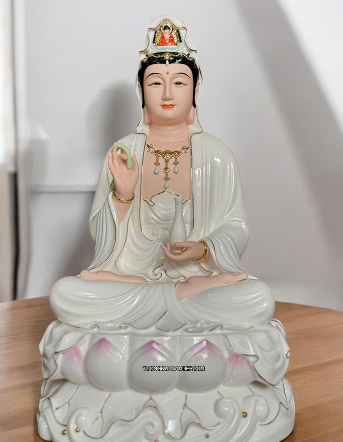 Tượng Quan Âm Sứ Trắng Sen Hồng Cao Cấp QA-010