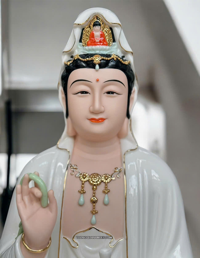 Tượng Quan Âm Sứ Trắng Sen Hồng Cao Cấp QA-010