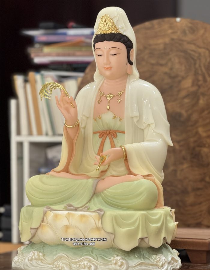 Tượng Quan Âm Vẽ Gấm Non Nước đẹp bằng bột đá