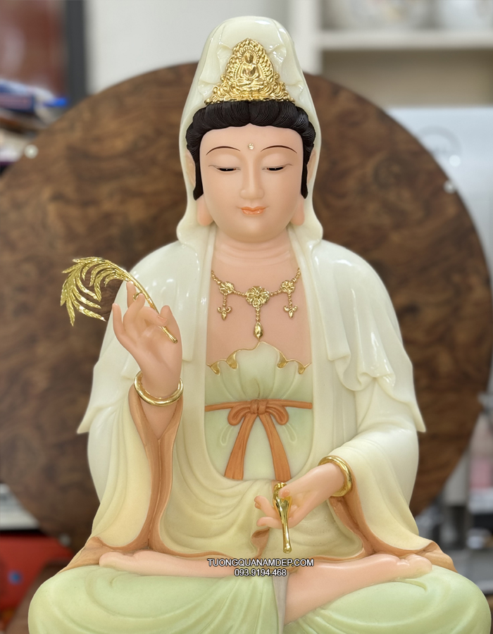Tượng Quan Âm Vẽ Gấm Non Nước đẹp bằng bột đá
