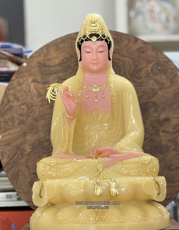 Tượng Quan Âm Thạch Anh đẹp Áo Rủ Dát Vàng Cao Cấp