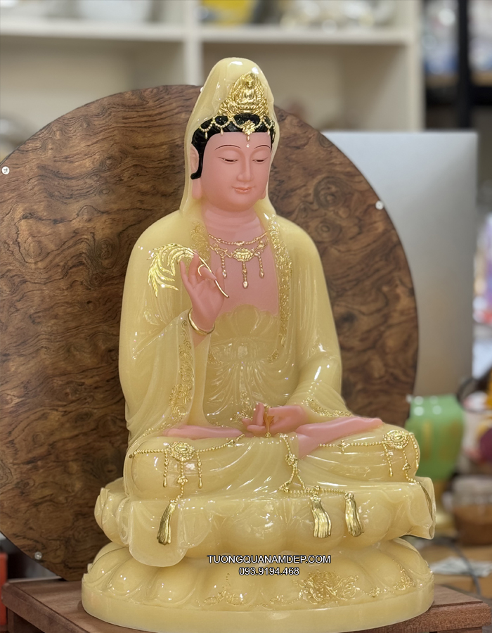 Tượng Quan Âm Thạch Anh đẹp Áo Rủ Dát Vàng Cao Cấp